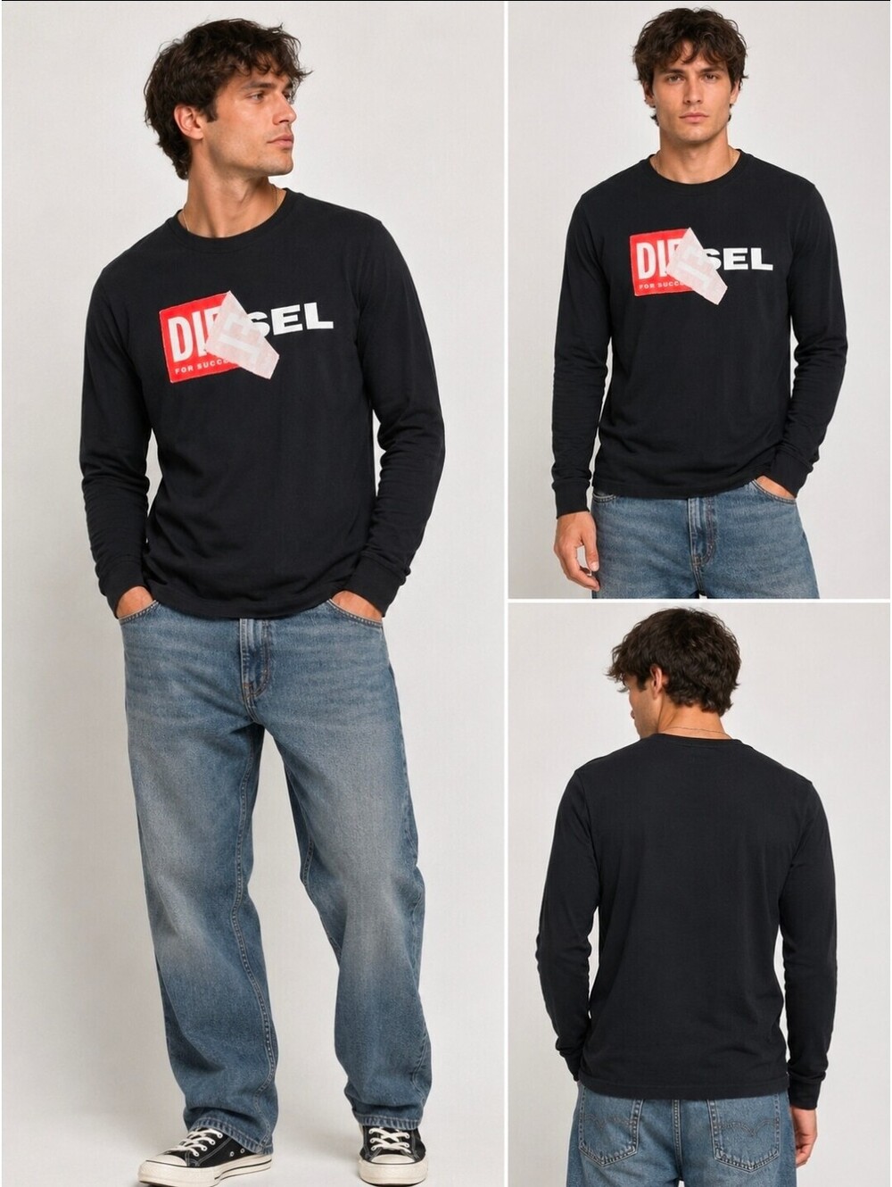 Diesel Mens Black Long Sleeve Graphic T Shirt Logo Deconstructed Distressed